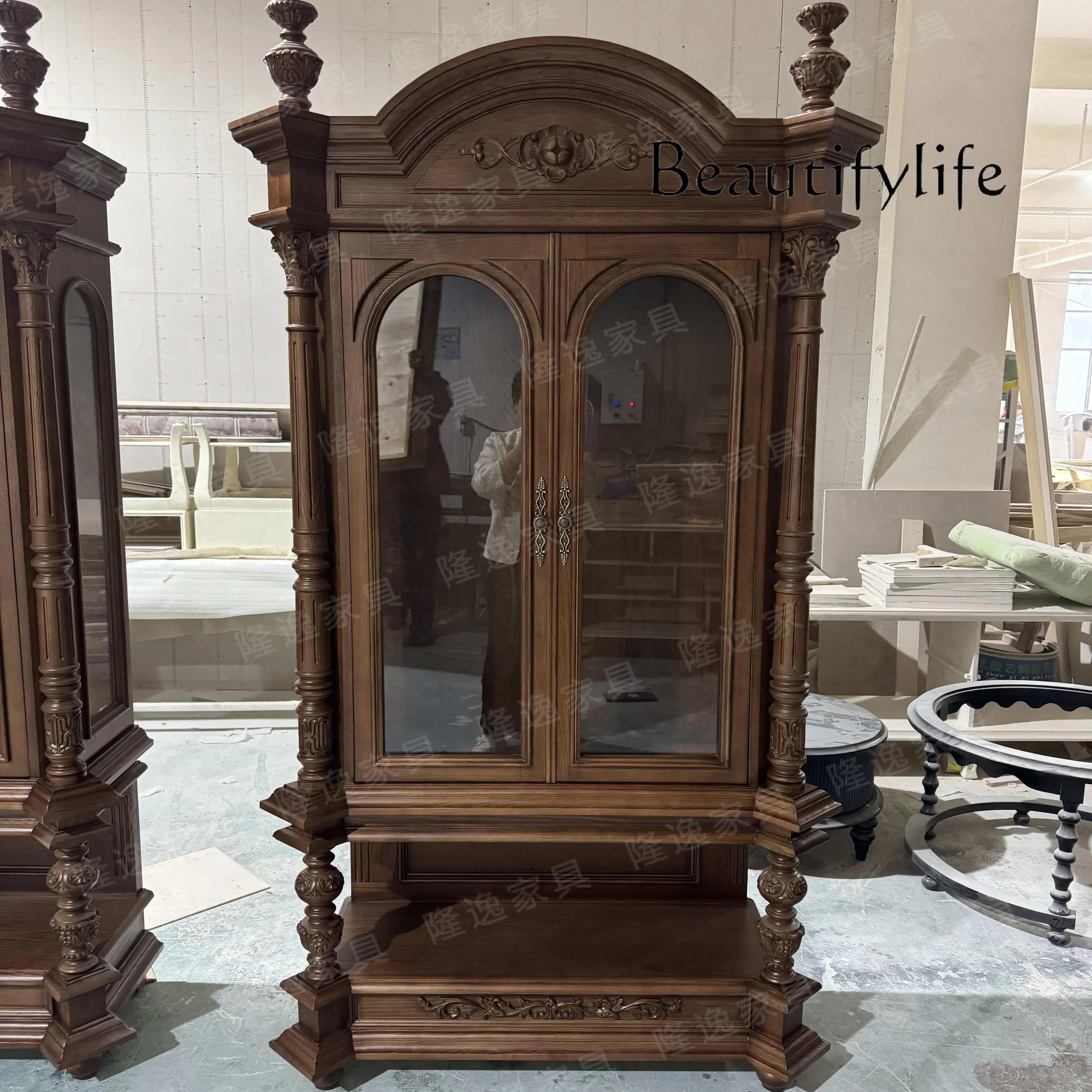 

Medieval carved locker solid wood bookcase dining side cabinet high cabinet retro American light luxury art French style