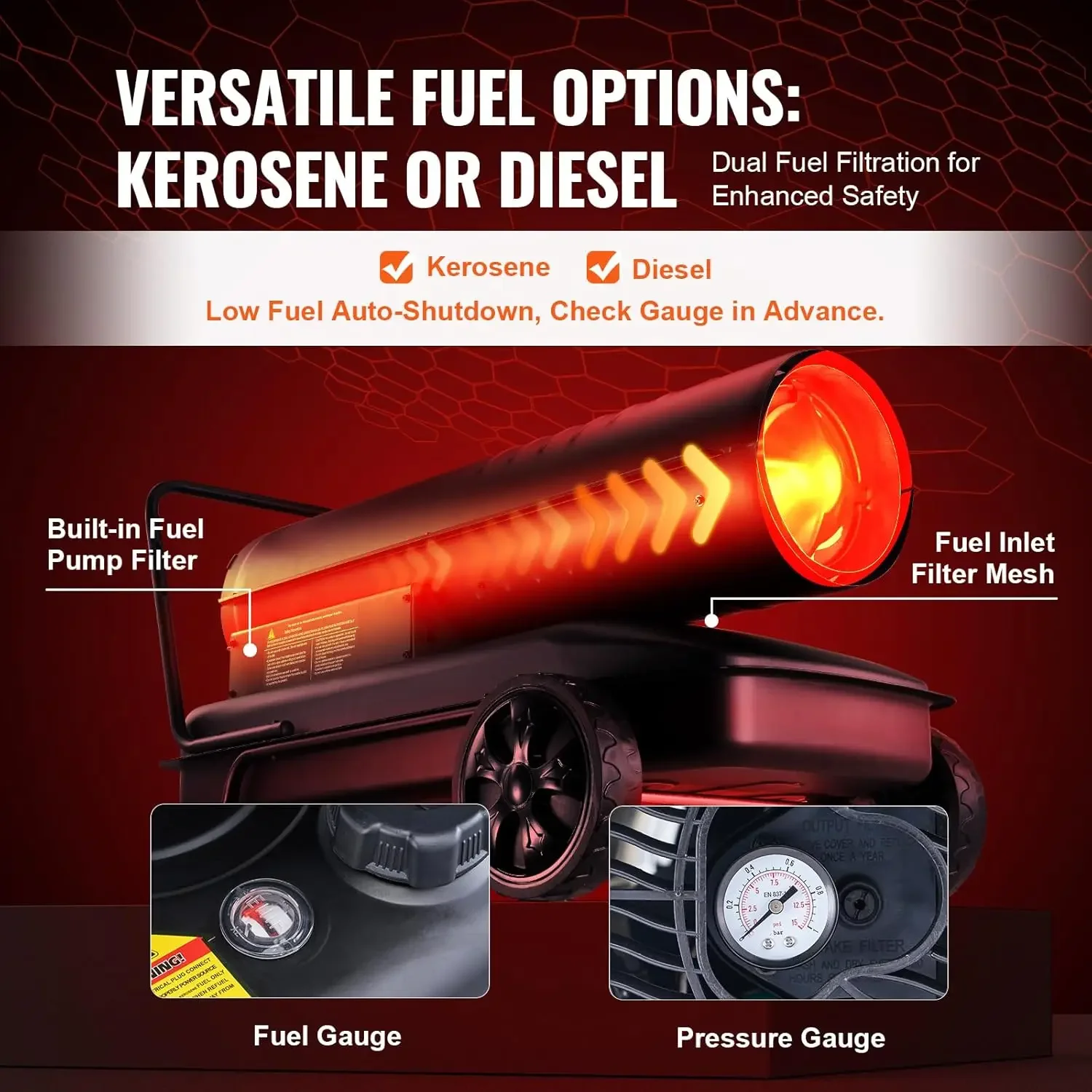 سخان الديزل طوربيد، 215000   وحدة حرارية بريطانية، محمولة مع تحكم في الحرارة، خزان سعة 13.2 جالون، فعالة لـ Sp الداخلي والخارجي