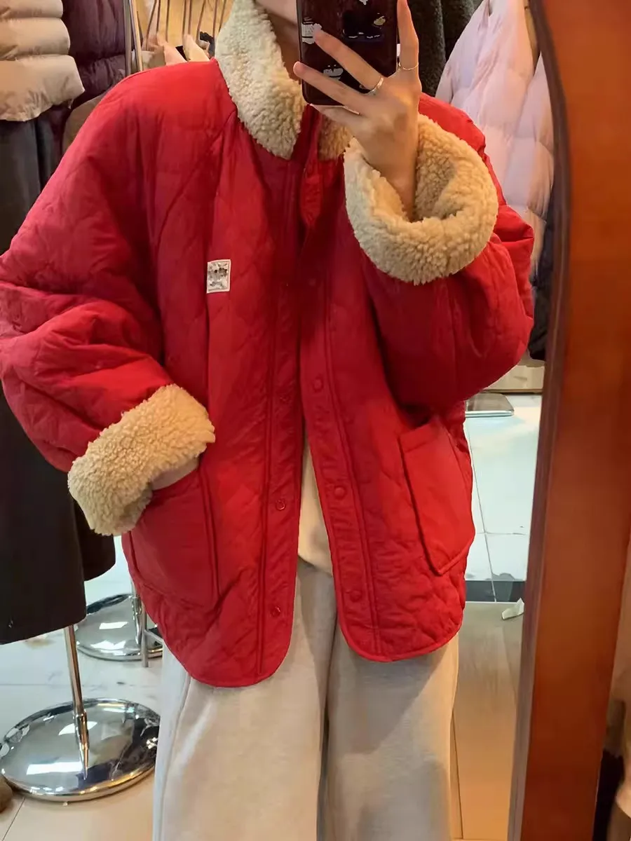 

Double-Sided Wearable Christmas New Year Red Lamb Velvet Coat Stand Collar Quilted Warm Cotton Outerwear for Women