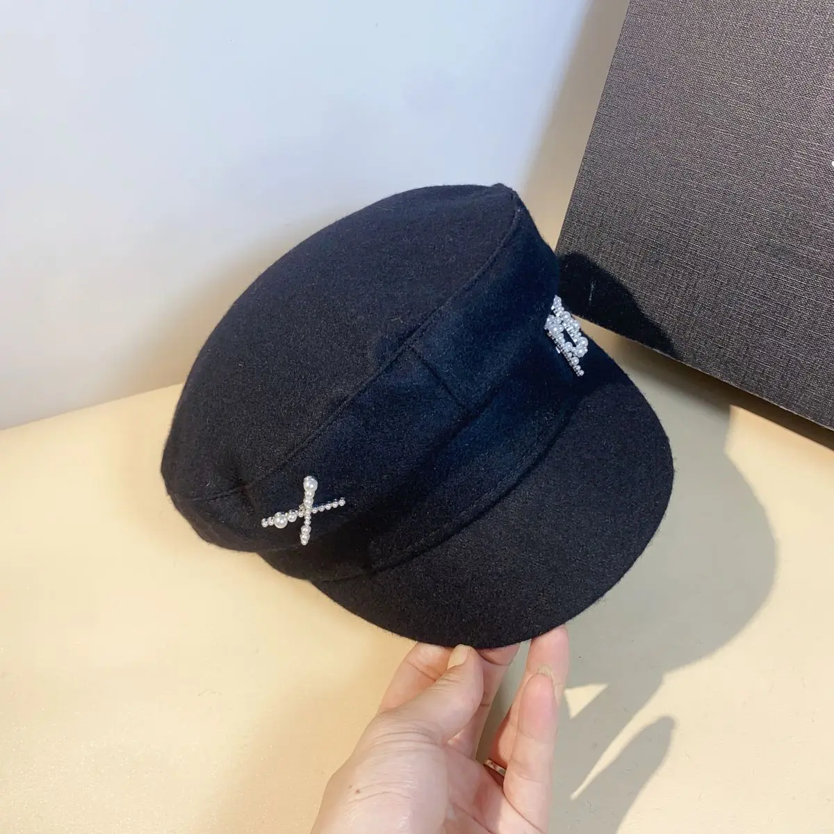 Auchan wool-blend rhinestones multi-style navy hat outdoor outing chain flat top duck tongue berley cotton linen newsboy hat