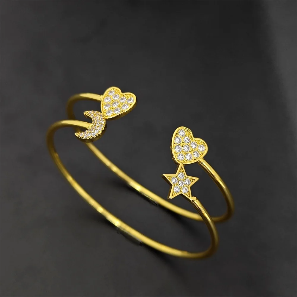 2023 Fashion Star And Moon Couple Cuff Bangle Gold Plated Double Heart Shape Open Bangle For Women Party Jewelry