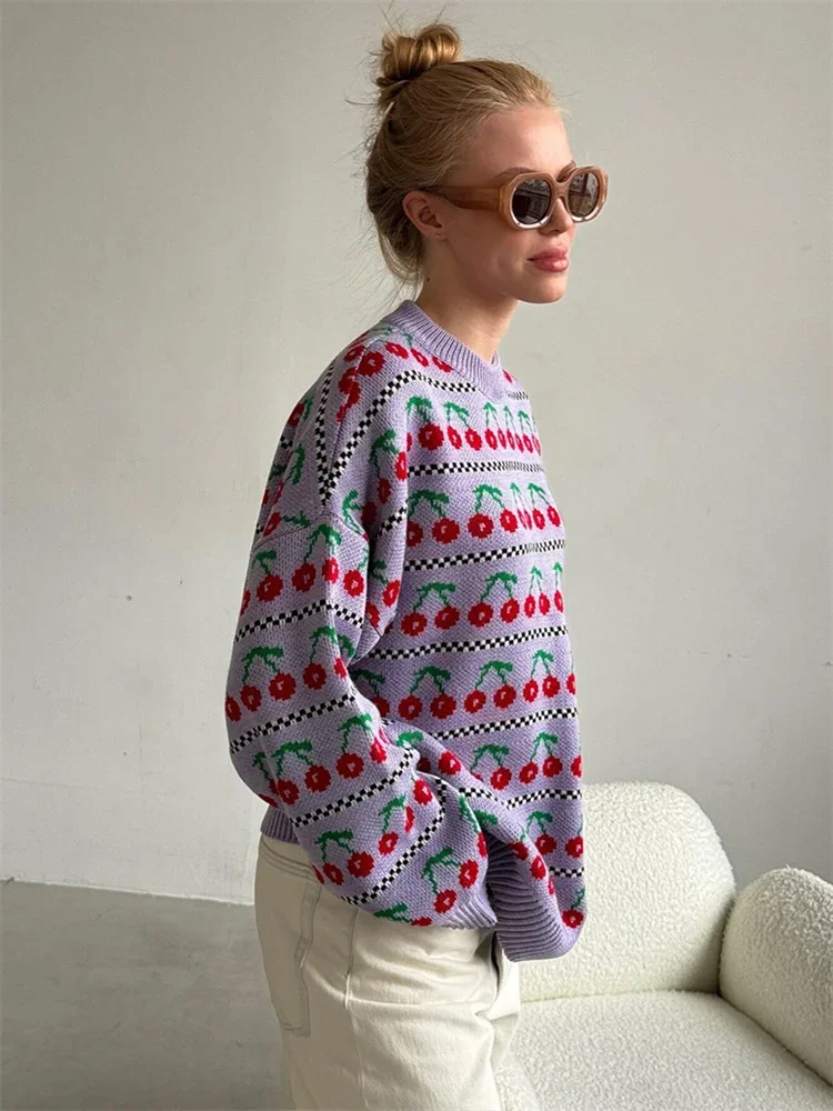 Printed Knit Sweater Pullover For Women Loose Patchwork Contrast Long Sleeve Vintage Fashion Top Knitwear Women's Pullover