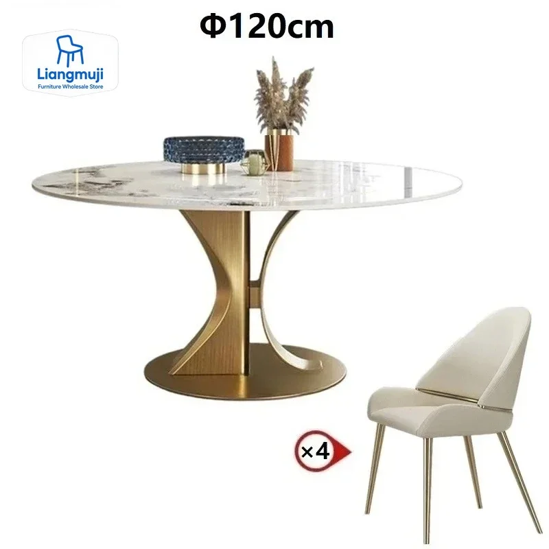 

Дизайнерский роскошный круглый обеденный стол из мраморной каменной плиты, набор обеденных столов 4, 6 стульев Mesa Posta Furniture Meuble, нержавеющая сталь, золотое основание