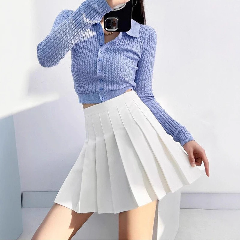 

Женская мини-юбка в Корейском стиле с высокой талией, сексуальная однотонная юбка трапециевидной формы в студенческом стиле, утягивающая плиссированная короткая юбка, модная универсальная