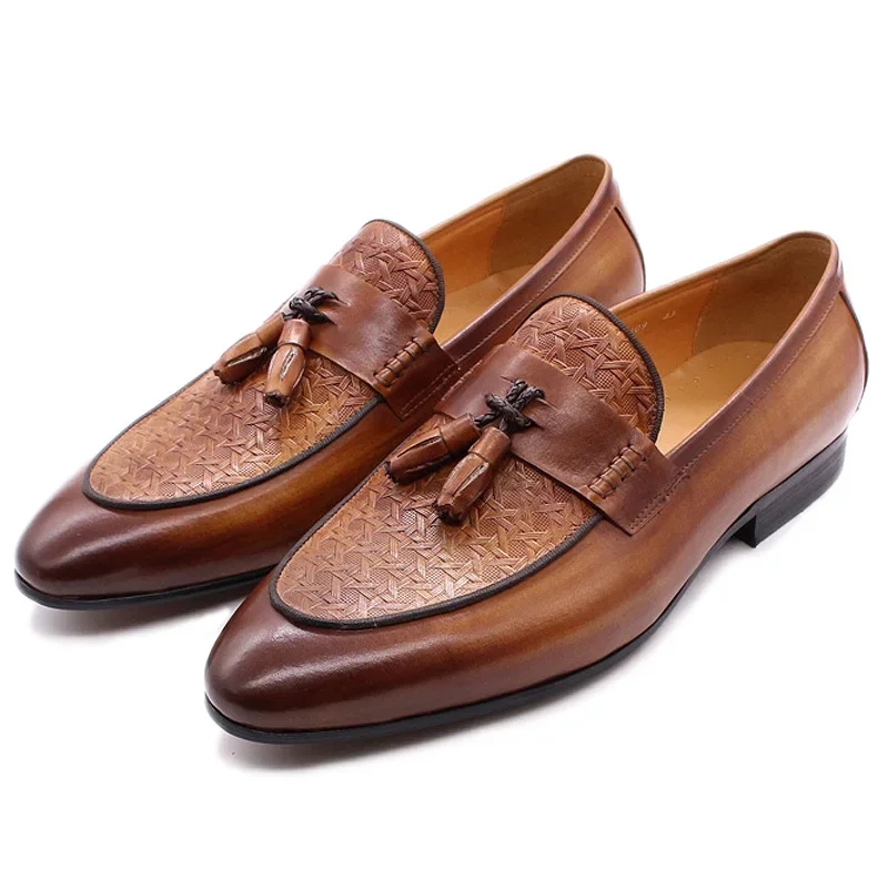 FELIX CHU Men\'s Genuine Leather Tassel Loafers Italian Luxury Fashion Slip-On Dress Shoes for Parties Weddings Casual Wear