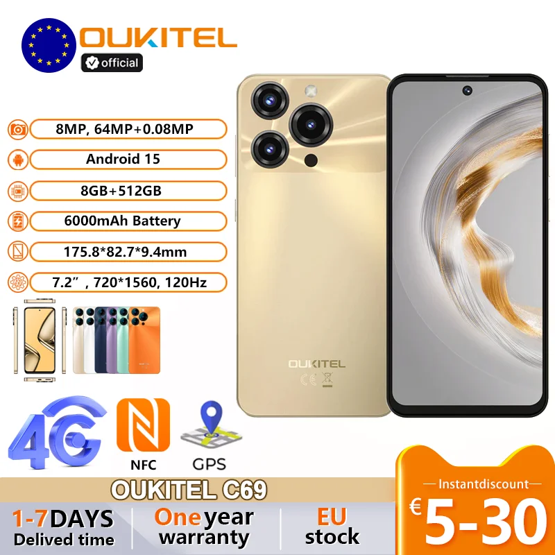 Smartphone OUKITEL C69 7,2 pouces, batterie 6000 mAh, jusqu'à 24 Go de RAM + 512 Go de ROM, corps ultra-fin 9,5 mm, fréquence de rafraîchissement 120 Hz