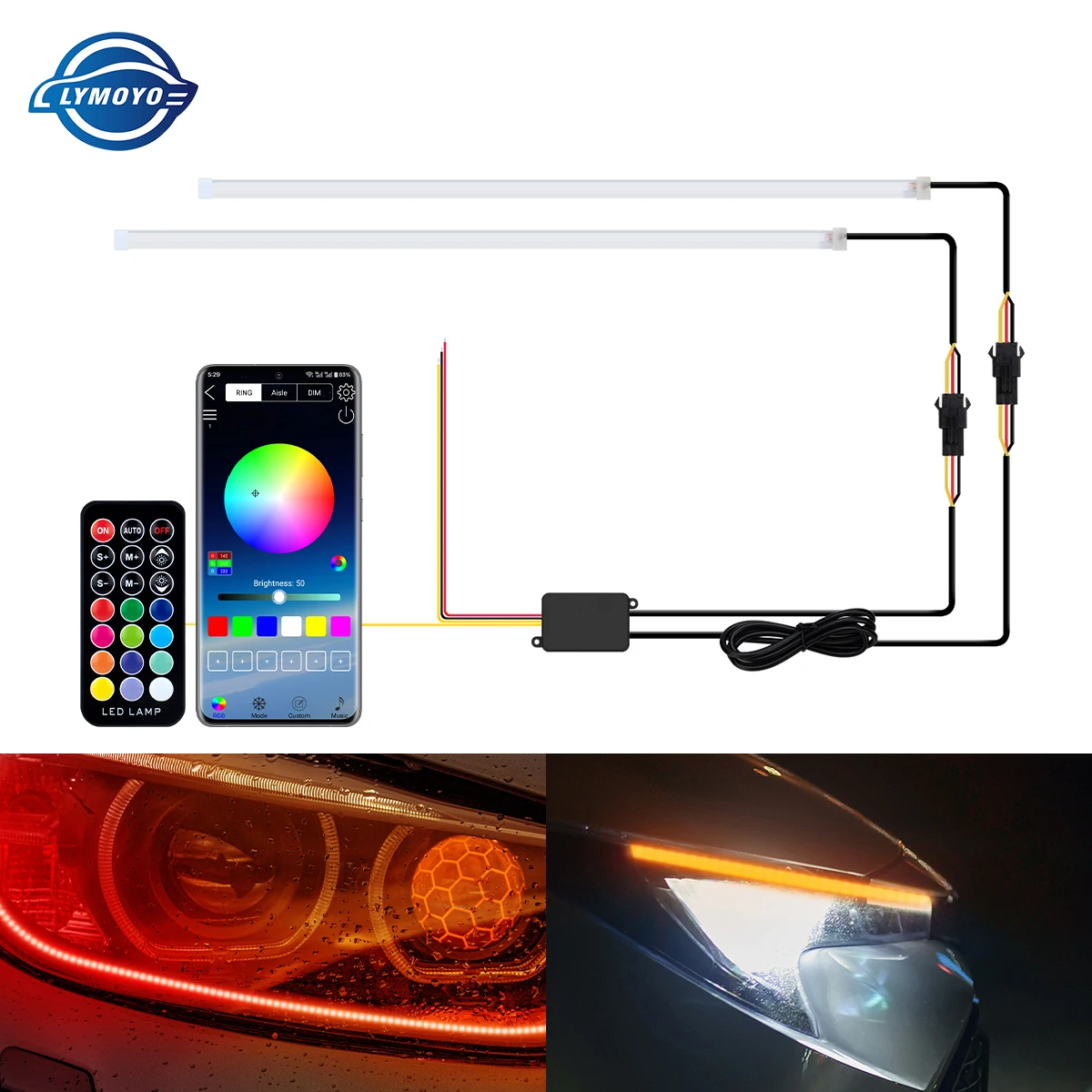 

1 пара символьных дневных ходовых огней, авто DRL, гибкая полоса указателя поворота, пульт дистанционного управления/приложение, RGB дальние огни, украшение автомобиля