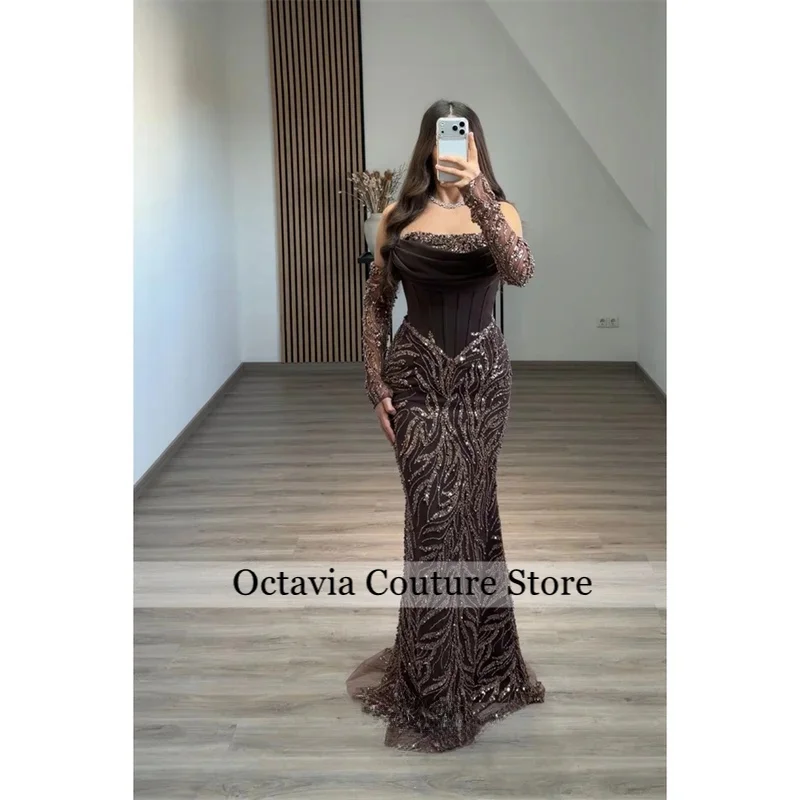 

Customize Brown Shiny Lace Mermaid Prom Dress Long Sleeves Floor-length vestidos de noiva Elegant Zip Back Evening Dresses
