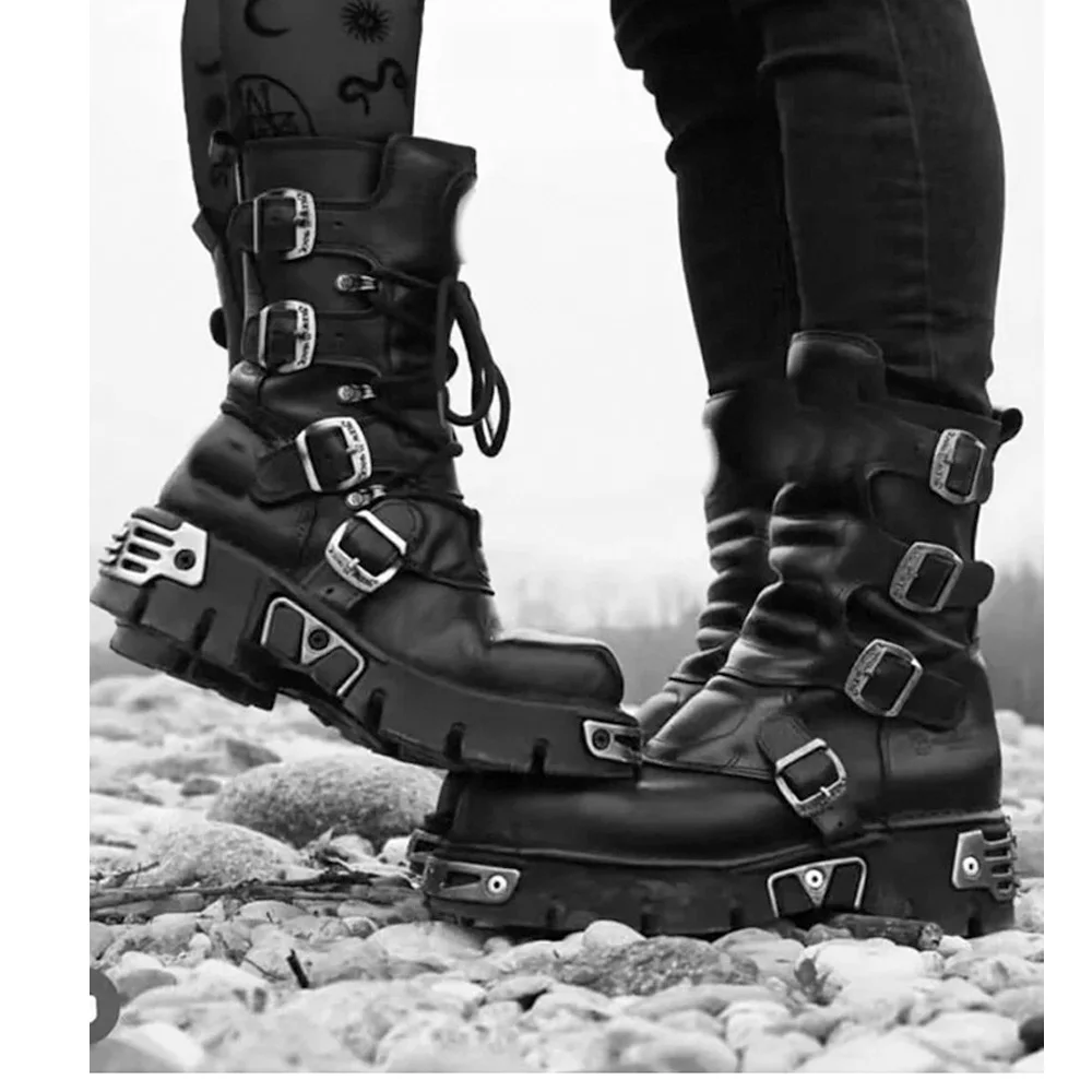 Novo masculino punk botas de motocicleta metal salto grosso goth crânio fivela meados de bezerro botas de combate zíper dedo do pé redondo botas