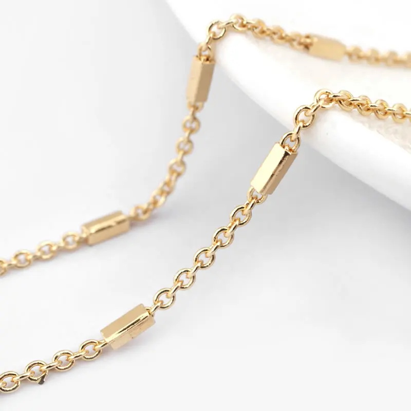 1.6MM High Quality 18K Gold Color Copper Round O Shape Link with Rectangle Tube Chains Necklace Chains Making Materials