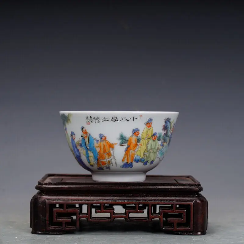 3.4 "bonne famille chinoise Rose porcelaine 18 érudit ancienne figurine tasse