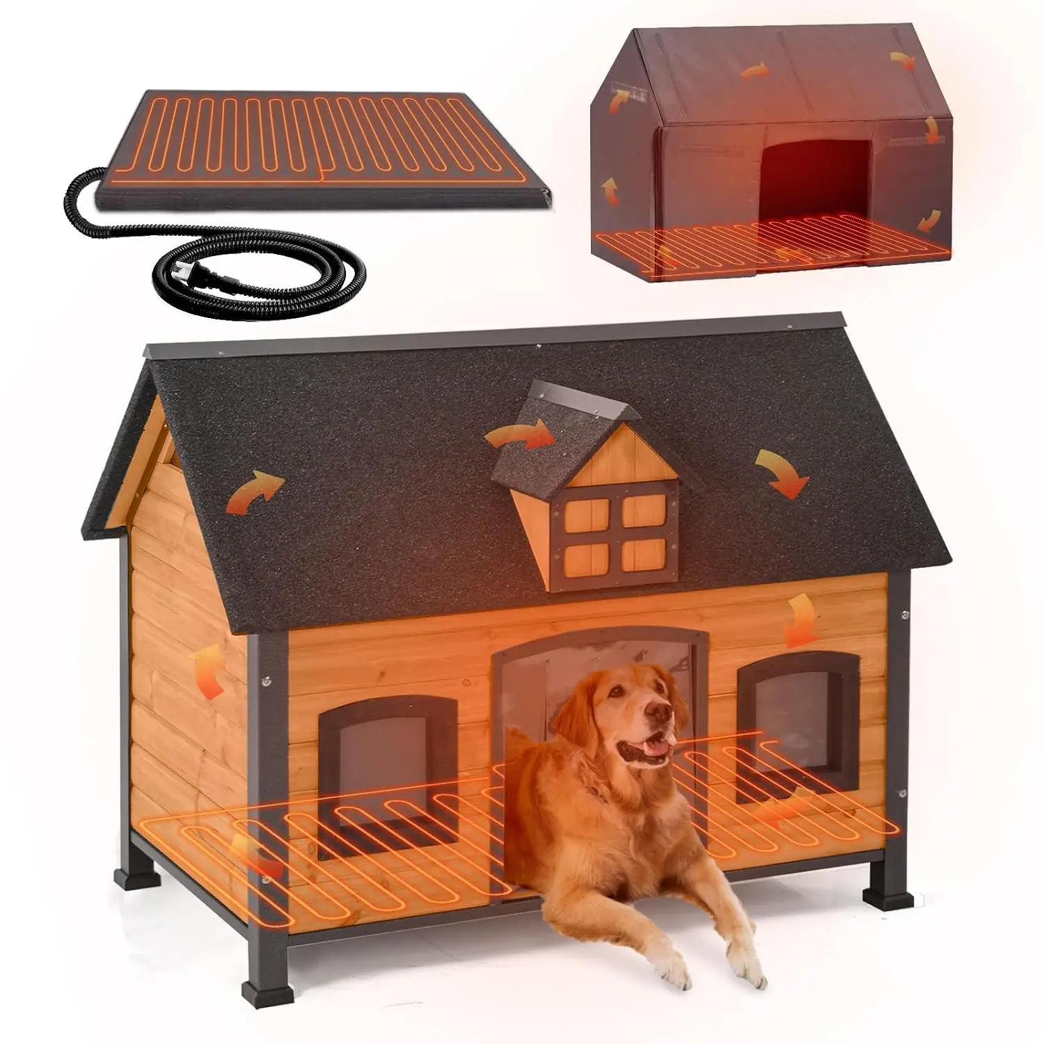Extra Large Heated Dog House for Outside XL Insulated Dog House Outdoor Weatherproof with Safe Heating Pad, 6-Sided Thermal Line