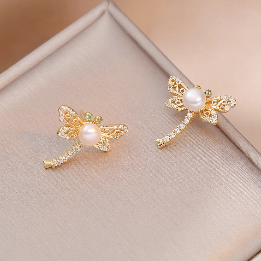 Korean New Light Luxury Dragonfly Stud Earrings For Women Pearl Original Animal Zircon Charming Jewelry Boucles d’oreilles