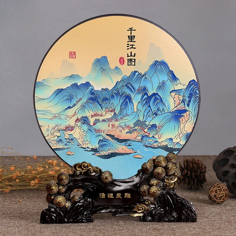 Chinese Classical Hanging Disk Activated Carbon Sculpture, Landscape Painting, Desk Decoration, Sample Room Craft Ornaments