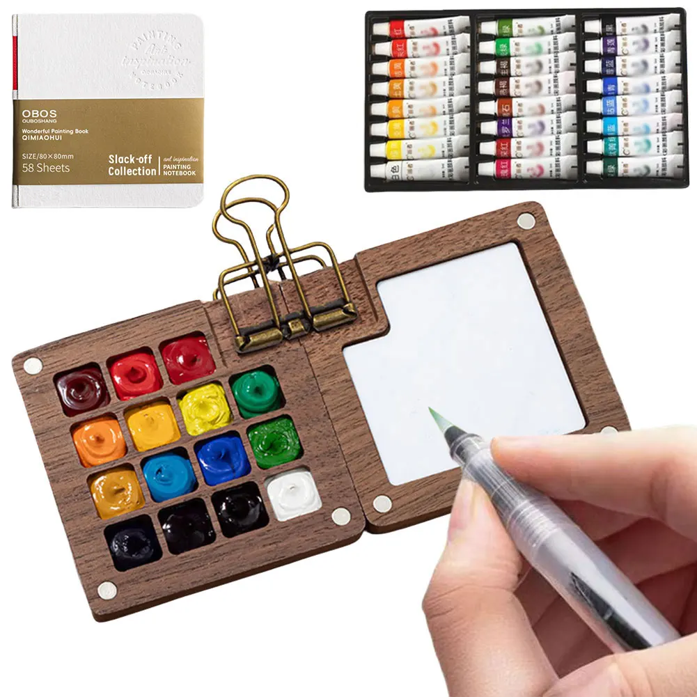 Travel Pocket Artist Watercolor Set Paint Palette with Clip Wooden Grid Paint Box Gift for Artists Students Outing Art Supplies