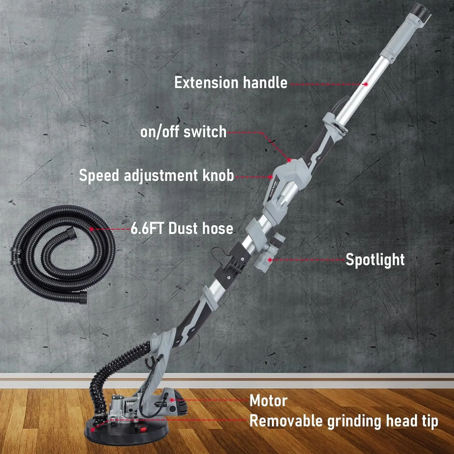 710W Drywall Sander Variable Speed 800-1800RPM With LED Light Extendable Foldable Handle 6 Sanding Discs & Dust Hose