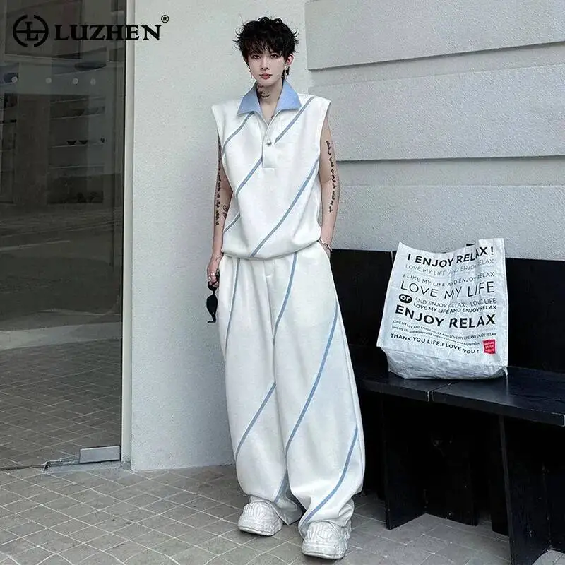 

LUZHEN 2026 Summer Stripe Color Contrast Sleeveless T-shirt Men's Fashion Baggy Wide Leg Sweatpants Street Two-piece Sets JY7031