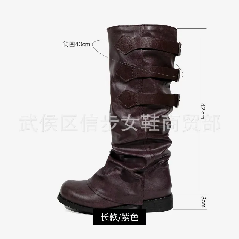 British Style Belt Buckle Women Boots 3CM Low Heels Solid Fashion Casual Large Size 46 Tooling Boots Pleated Retro Mid-Calf Boot - view 5