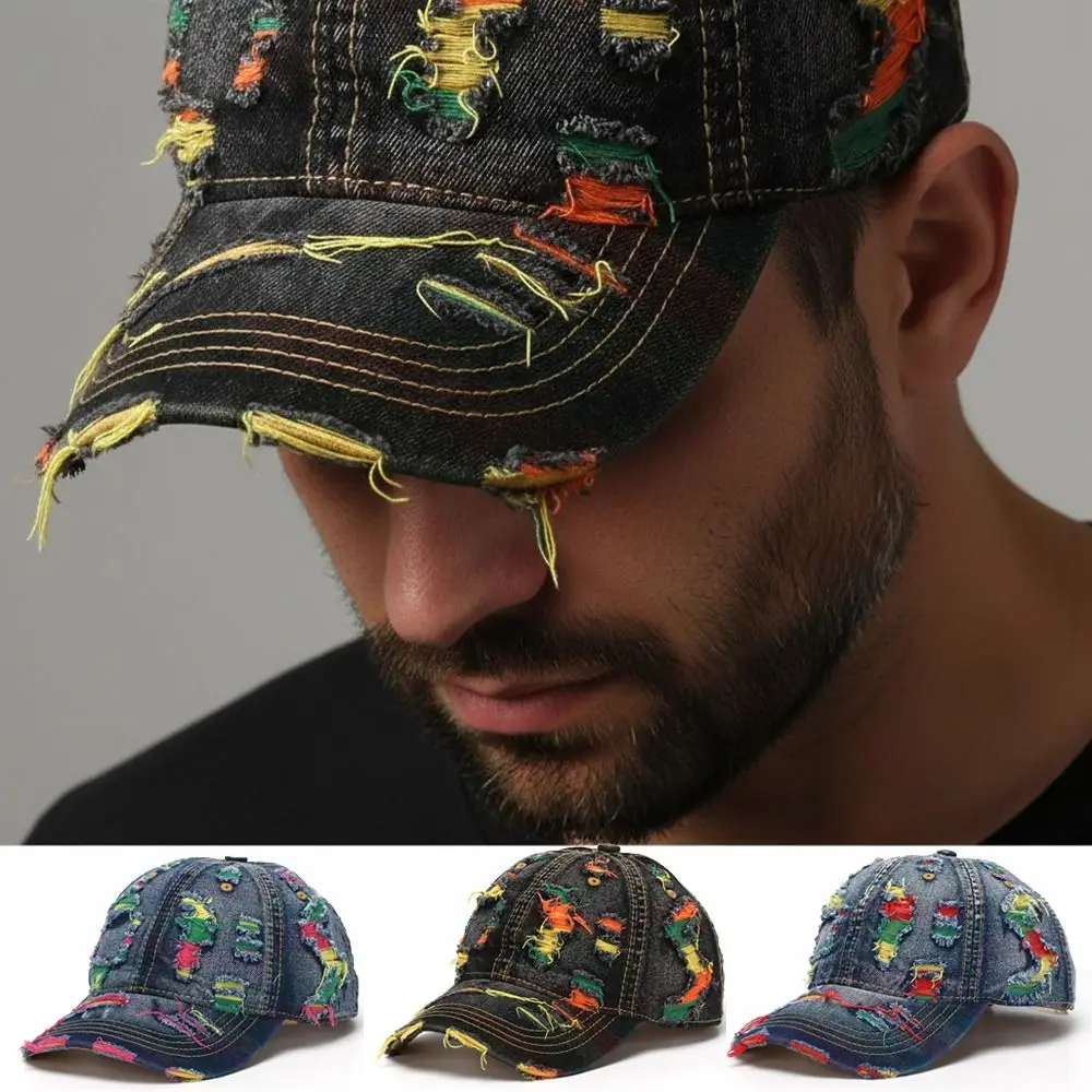 Retro Denim Baseball Cap Colorful Lines Adjustable Tear Style Hole Hat Visor Baseball Hats For Man Women Outdoor Streetwear