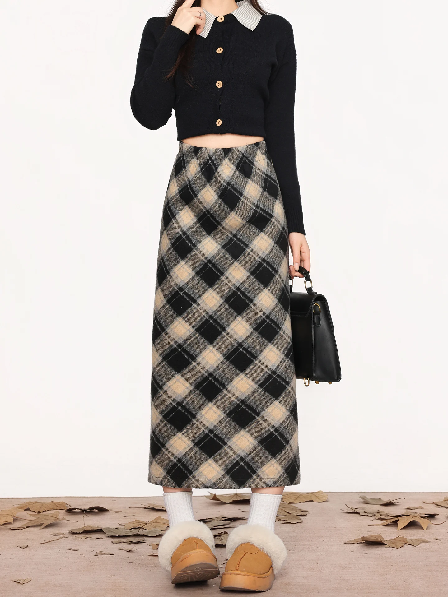Retro Plaid High Waist Woolen A-Line Split  Skirt Women's Winter 2026 Slimming Midi Length Wrap around Skirt