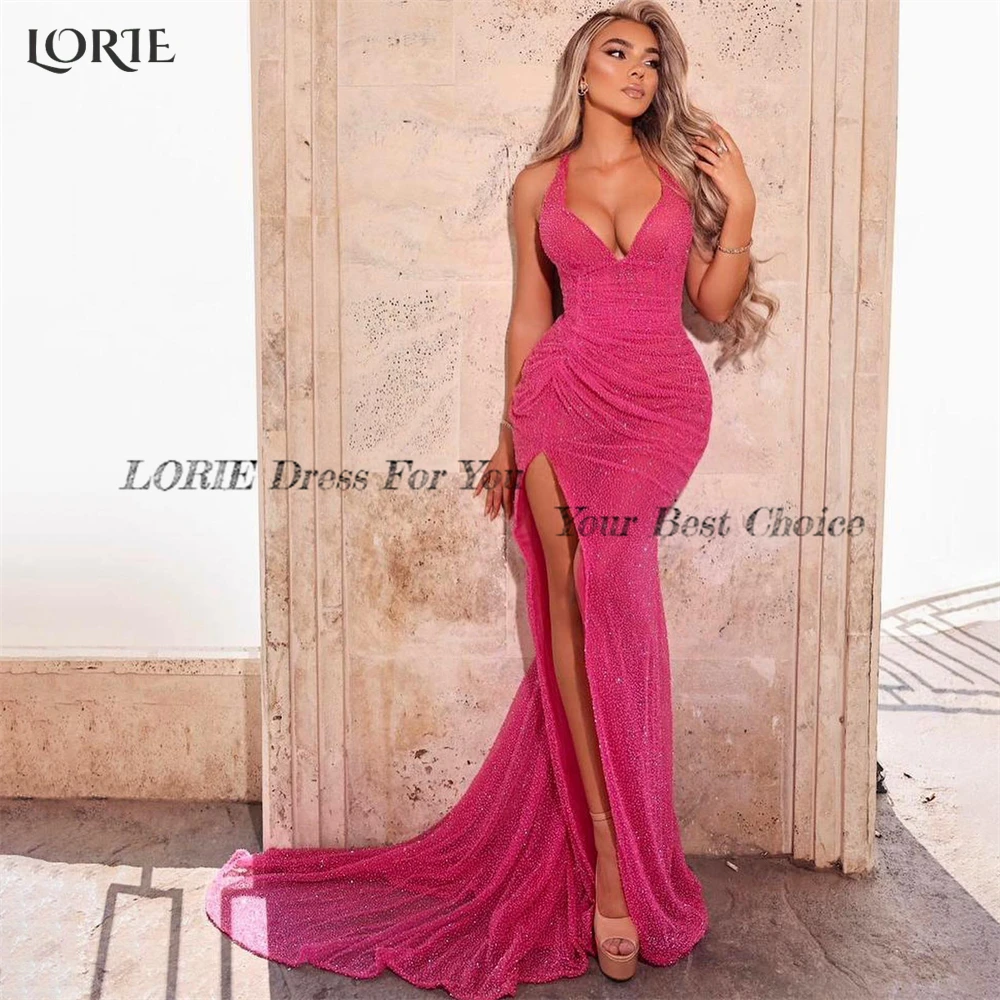 LORIE Glitter Mermaid Evening Dresses Bodycon Sexy Pleats Shiny High Side Slit Prom Dress Occasional Sparkly Party Gowns Dubai