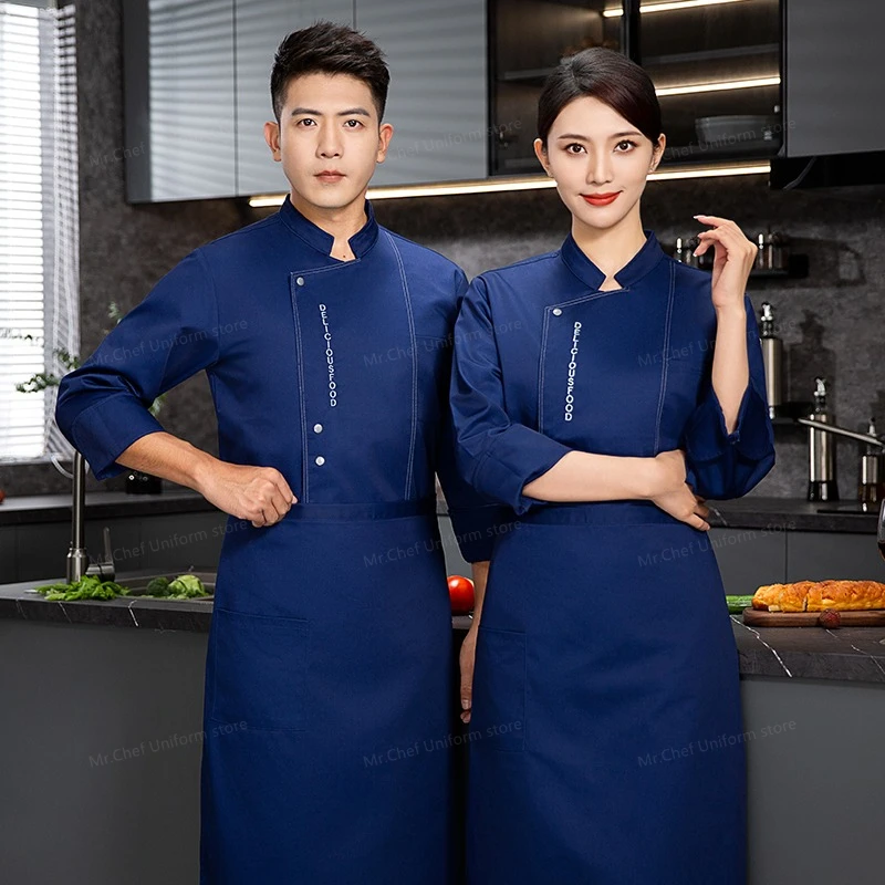 grijs chef-kok uniform lange mouw chef-kok jas chef-kok T-shirt bakker werkuniform ober restaurant hotel kok jas kleding vrouwen logo