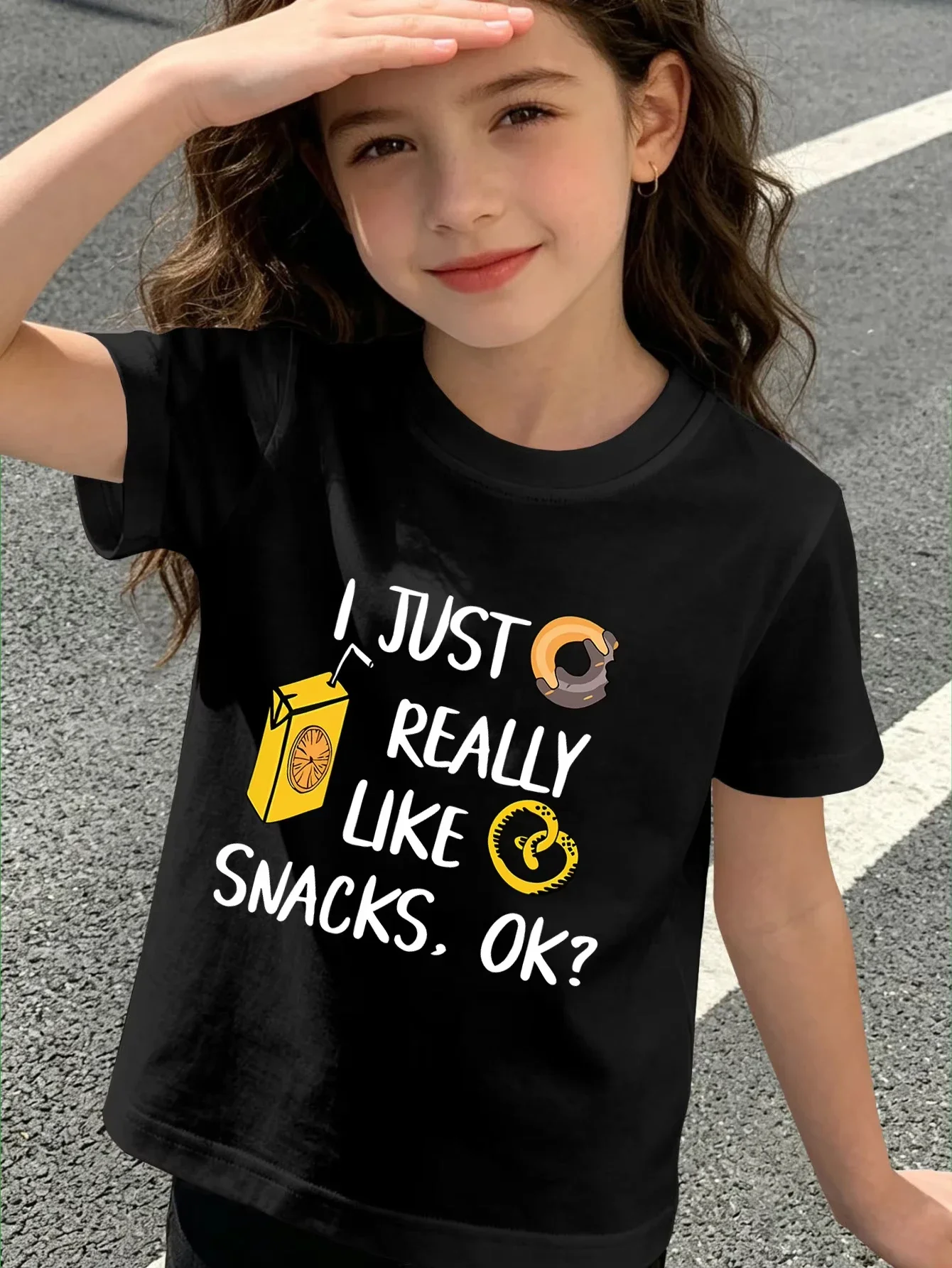 Kids Short Sleeve T Shirt I Just Really Like Snacks Ok Donut Juice Pretzel Graphic Crew Neck Casual Boys Girls Summer Tee