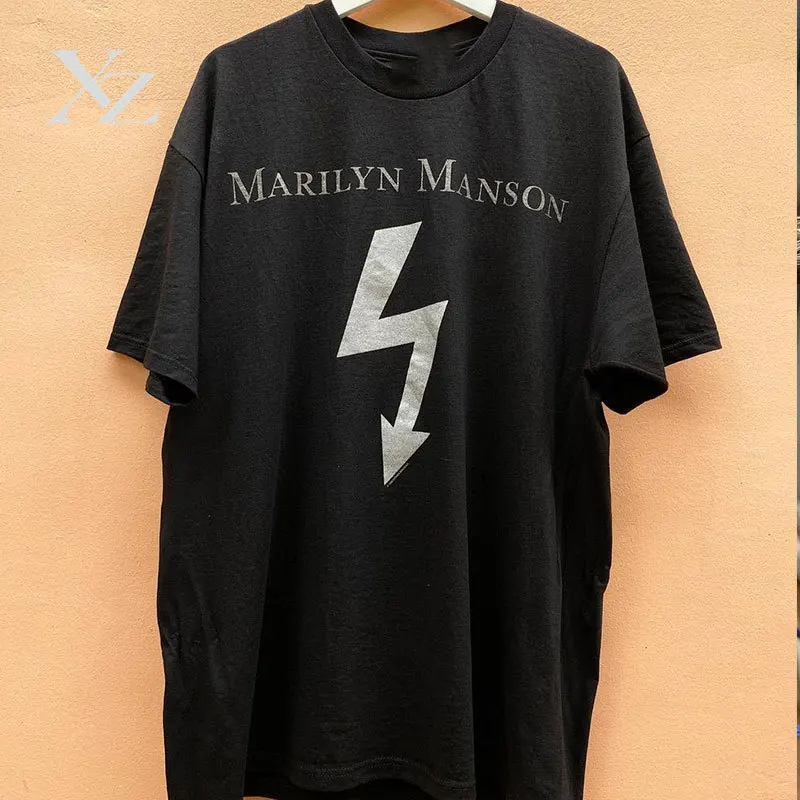 Hot Sale Marilyn Manson American High Street Lightning Print 250g Heavy Cotton Tee Loose Fit Youth Popular Casual T-Shirt