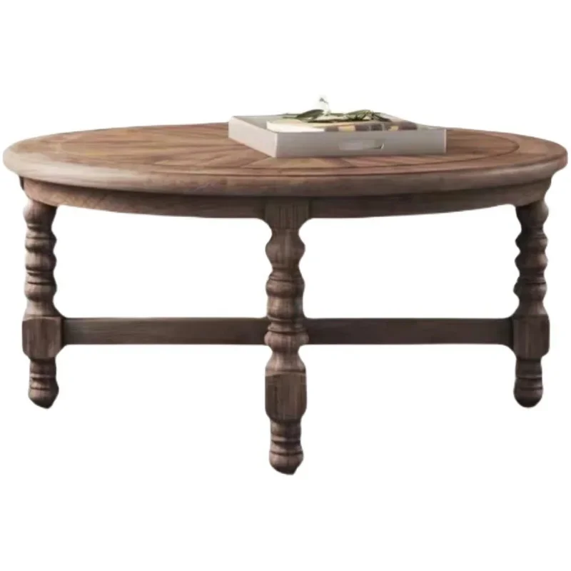 

American light luxury solid wood carved coffee table oak round simple medium and small apartment family living room retro tea