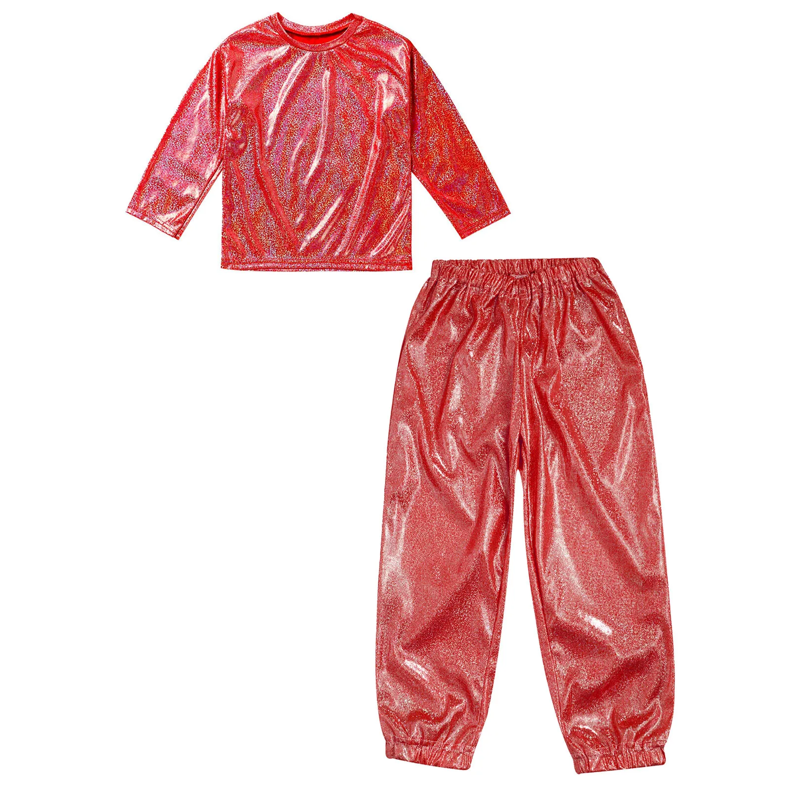 Kids Boys Girls Metallic Hip Hop Jazz Street Dance Costume Shiny T-shirt with Pants School Show Party Performance Dancewear