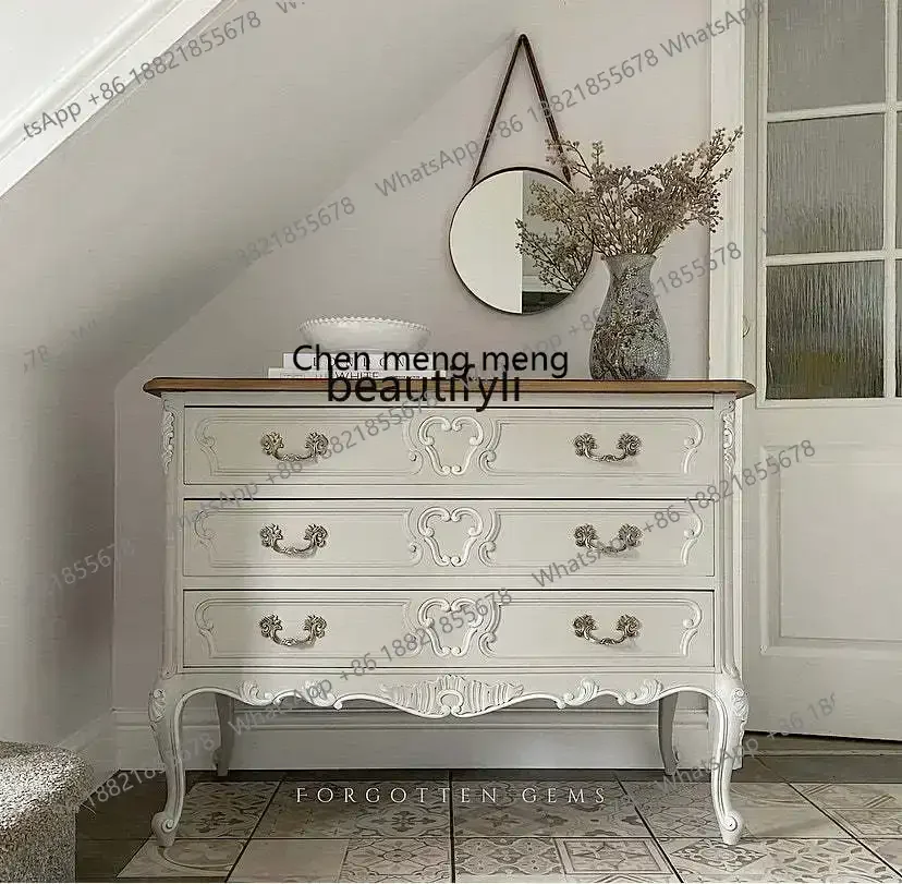 

cc182French solid wood retro white porch cabinet entrance foyer storage shoe cabinet carved dining side cabinet R