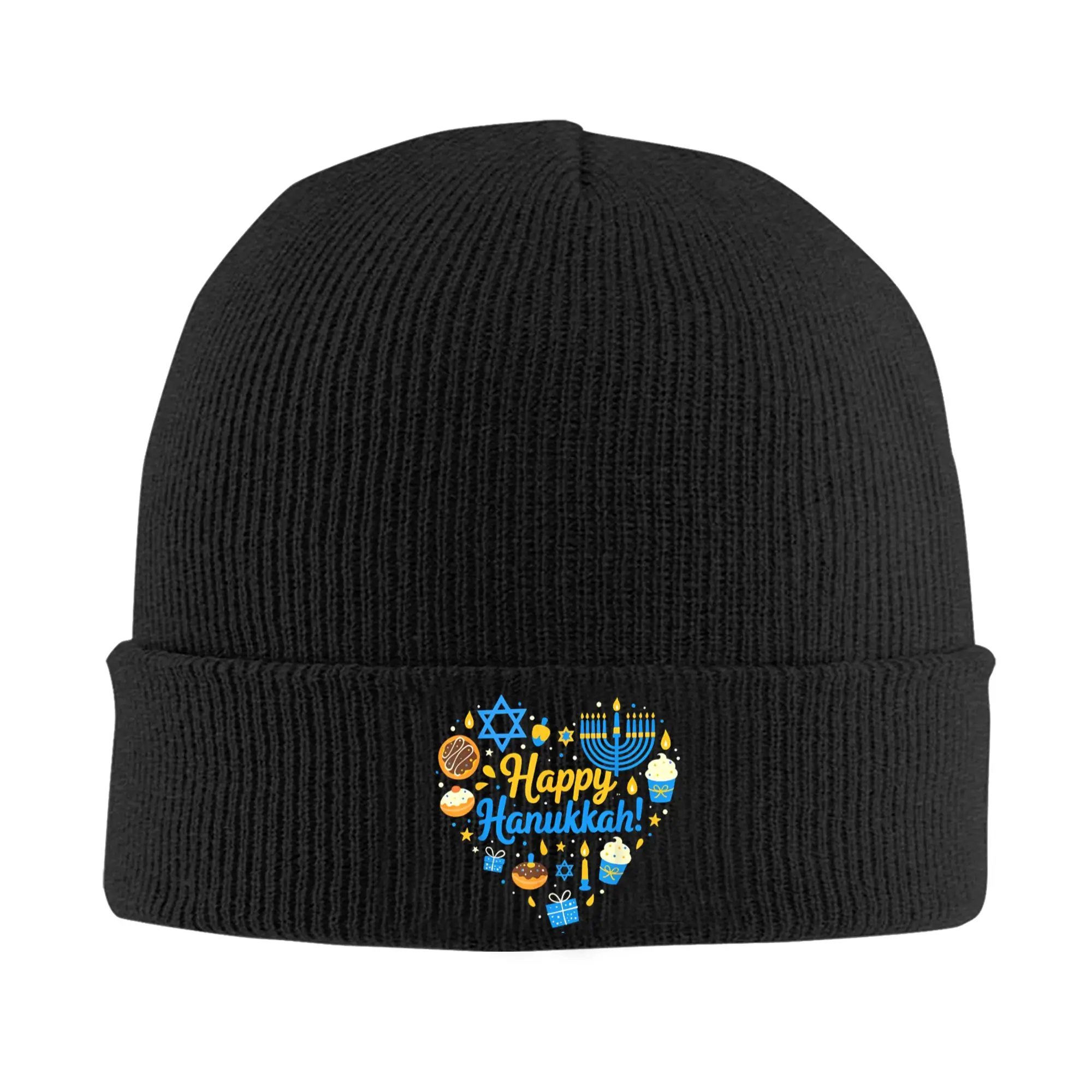 Happy Hanukkah Knitted Hat Beanie Winter Hat Warm Unisex  Street Menorah Candle Cap for Men Women Gift,