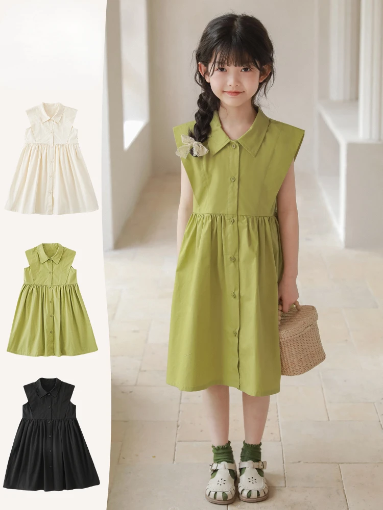 

2023 Summer New Girls' Polo Sleeveless Knee Length Dress Children's Comfortable Fashion Button Skirt Kids Dresses