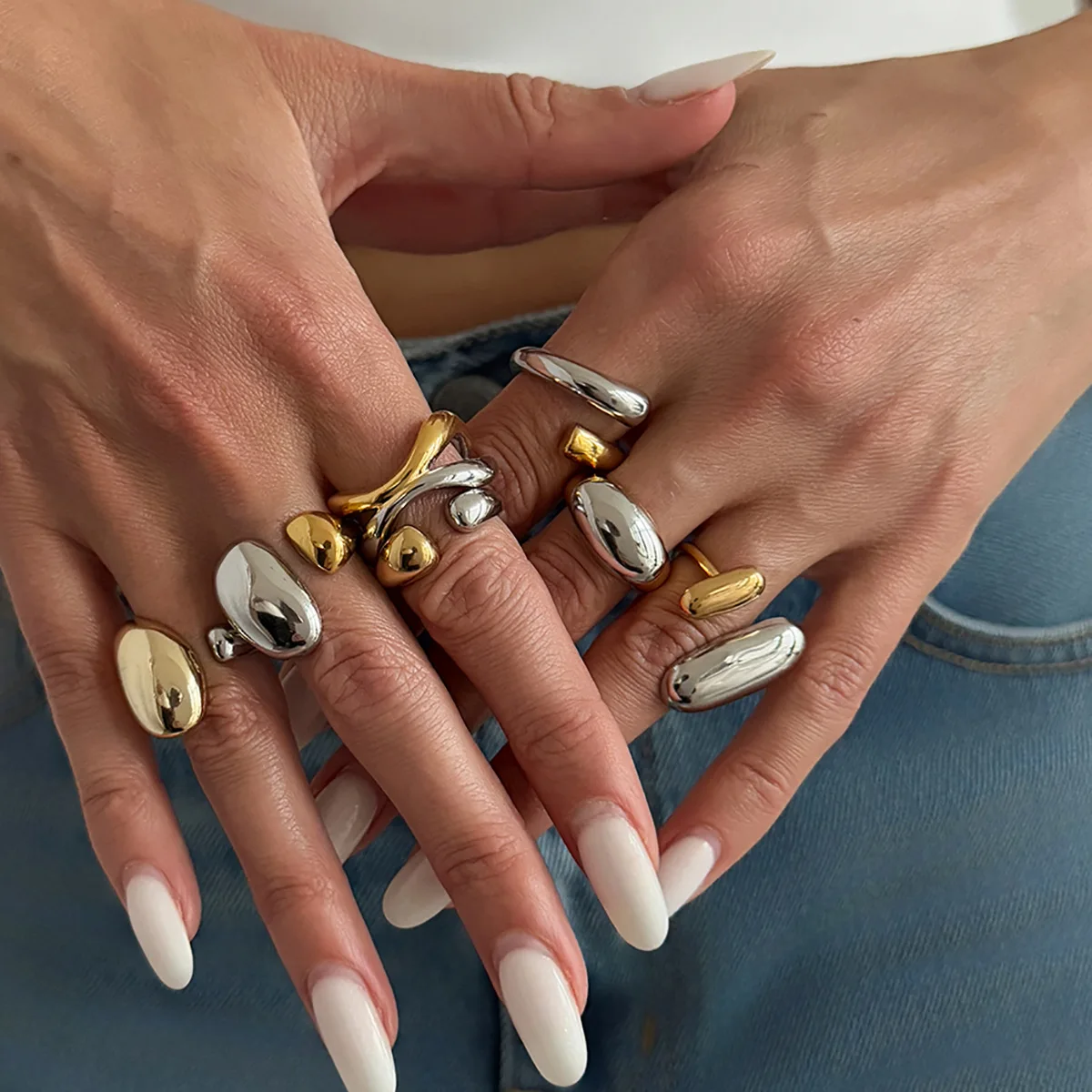 Ring Stainless Steel Color Block Split Design Open Adjustable Finger Band for Women Daily   Chic Elegant Rings for Women