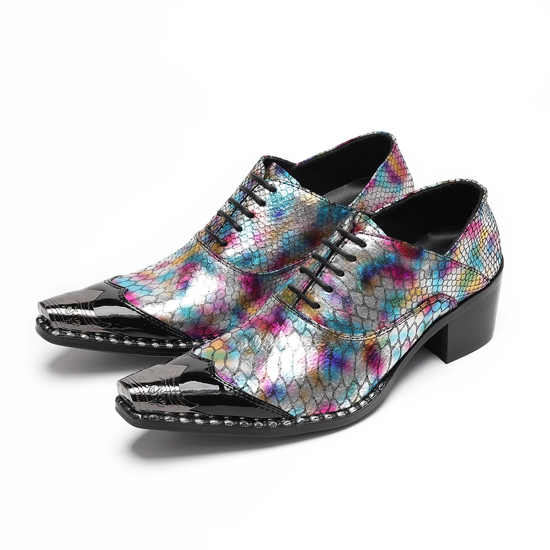 

Men's leather shoes increase by 4.5 centimeters, metal punk party lace up leather shoes, colorful patent leather