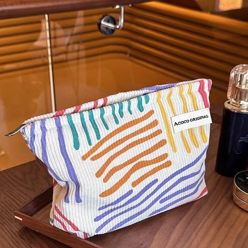 Colorful Stripes Corduroy Cosmetic Bag Portable Travel Toiletry Bag Skincare Sundries Aesthetic Makeup Storage Bag image 5
