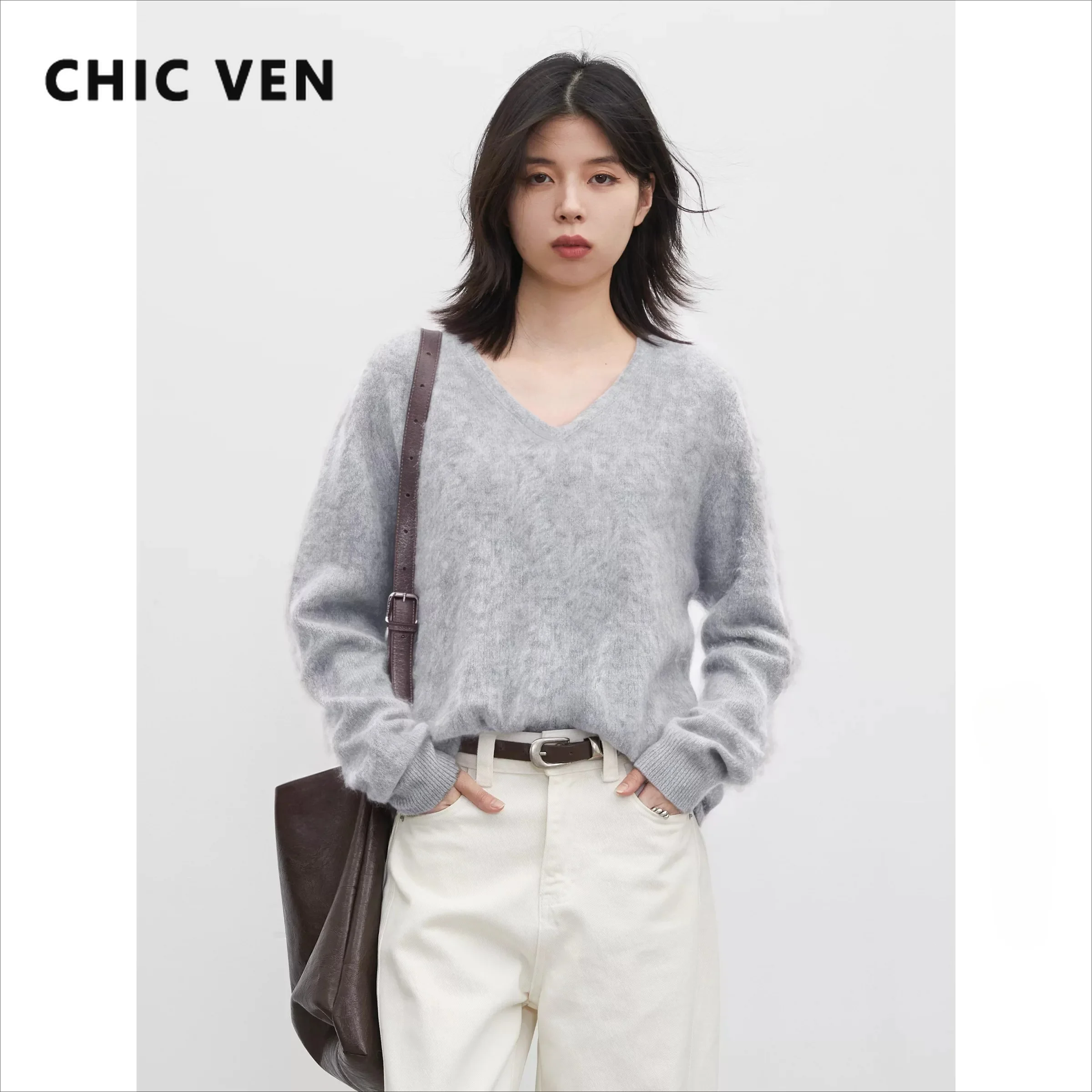 CHIC VEN Korean Women's Woolen Pullovers Fashion Casual Loose V-Neck Solid Jumpers Office Lady Sweaters Autumn Winter New 2026