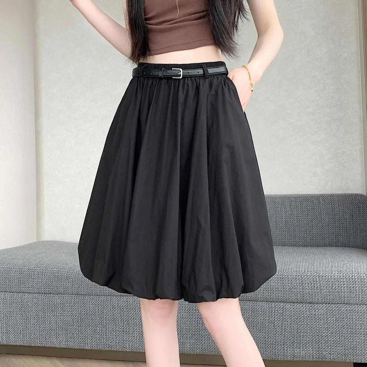 College 2026 white  women's summer new high waist  umbrella  small elastic fluffy middle skirt bud skirt