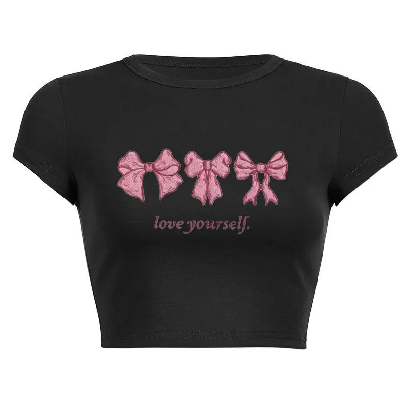 Summer Outfit Bow Graphic Print Pattern Short Sleeve O Neck Sexy Cropped Navel Women Crop Tops Fashion T-Shirt