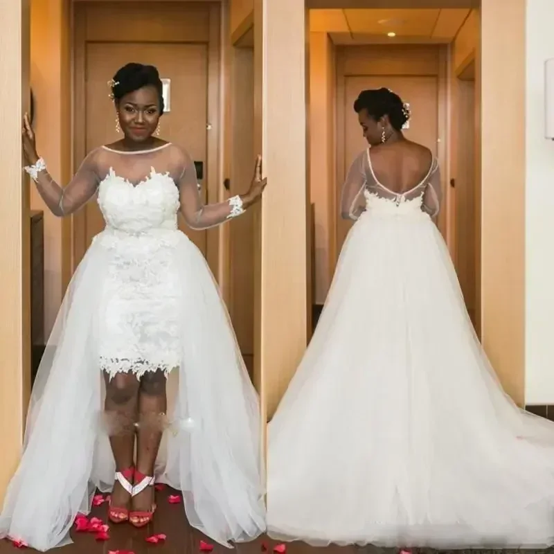 Maßgeschneiderte Langarm Hi-Low Black Girl Plus Size Brautkleider Kapelle Train Brautkleider Hochzeitskleid Robe De Mariee