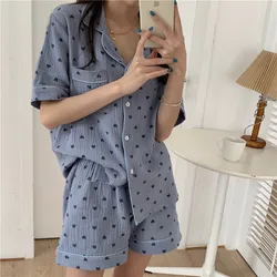 Conjunto de pijamas com estampa de coração para mulheres, shorts e camisas single breasted, terno de algodão, doce kawaii, 2 peças, verão