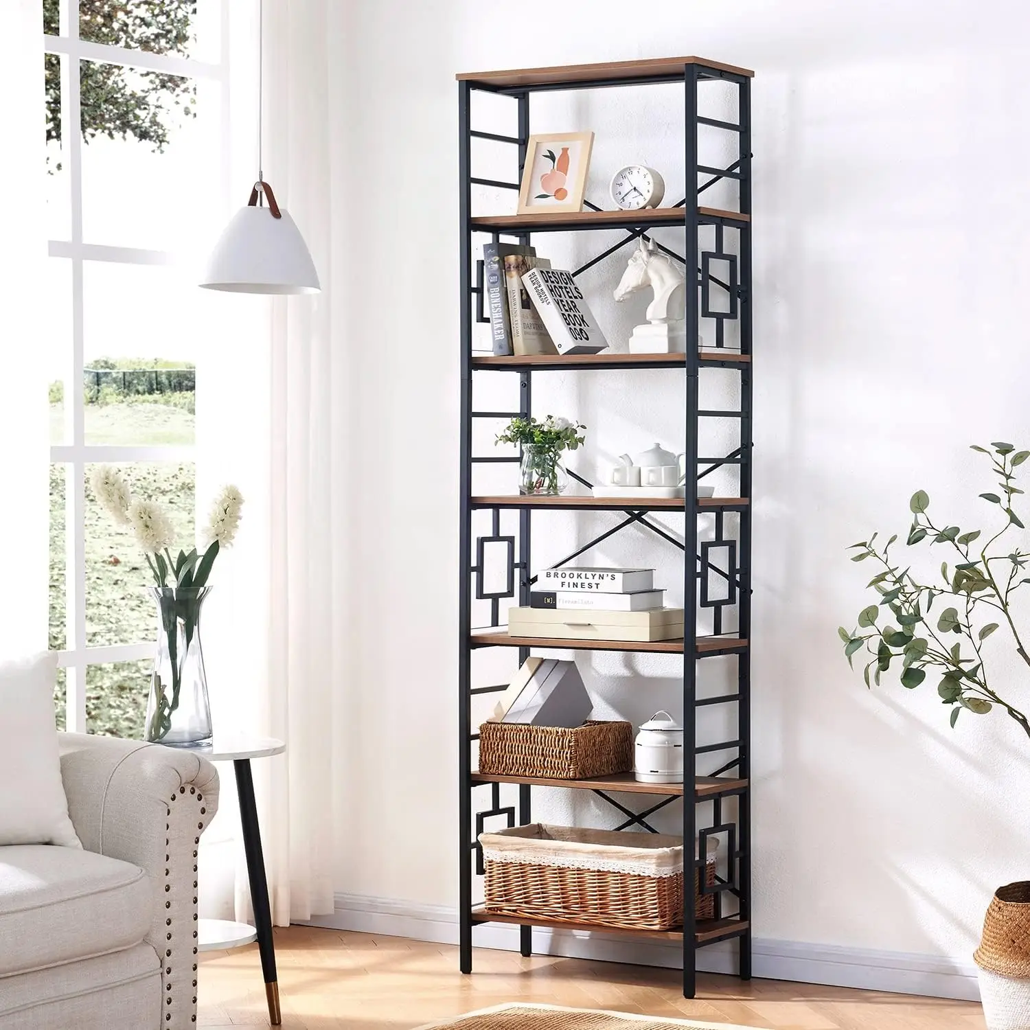 Tall Bookshelf, 84 Inch Industrial Bookshelf with Metal Frame and Open Shelves, 7 Tier Metal Bookshelves and Bookcases, Rustic T