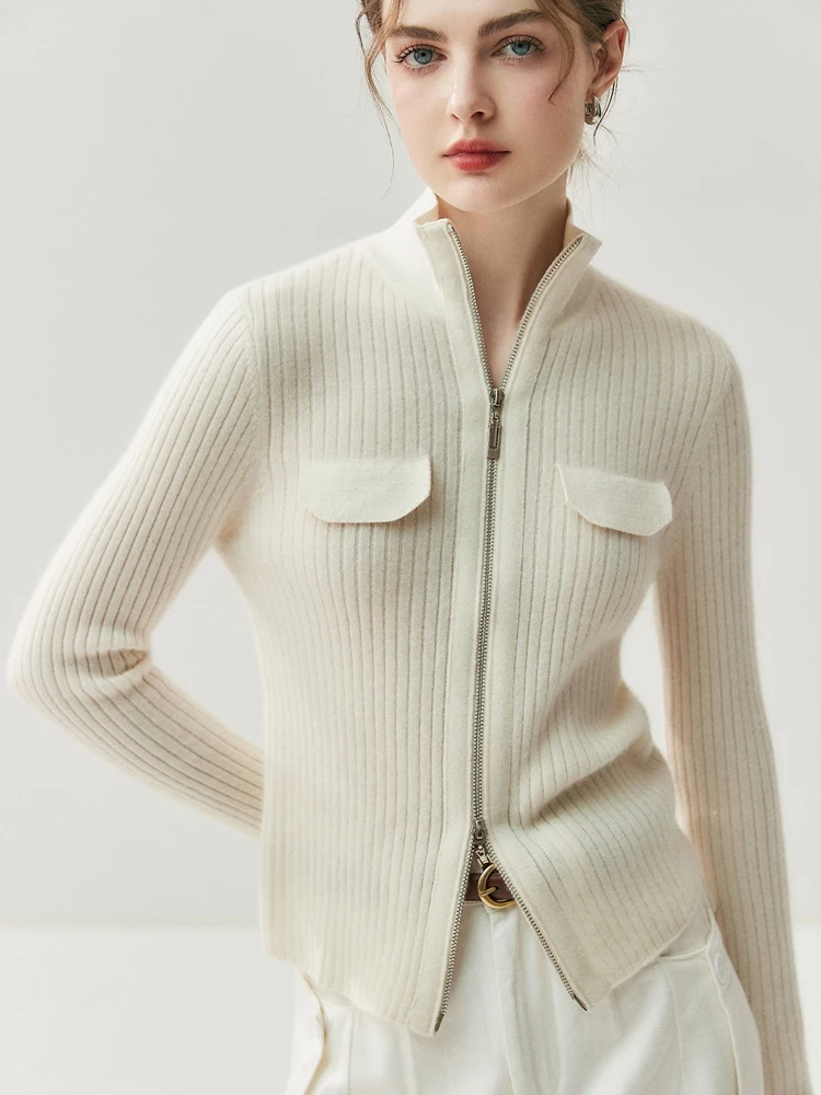 

TLOML Women's 100% Cashmere Sweater Double Zipper Fake Pocket Sweater Turtleneck Cardigan Luxury Office Lady Slim Autumn Winter