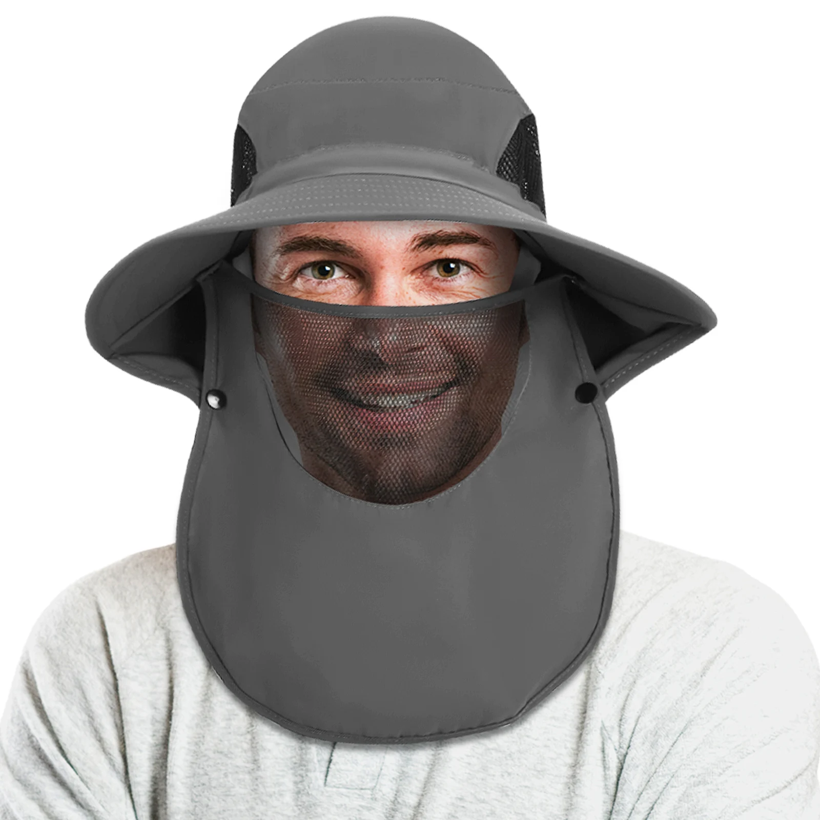 

Summer UV Protection Bucket Hat Men Fishing Hiking Polyester Sun With Neck Flap Adjustable Windproof Strap Gray