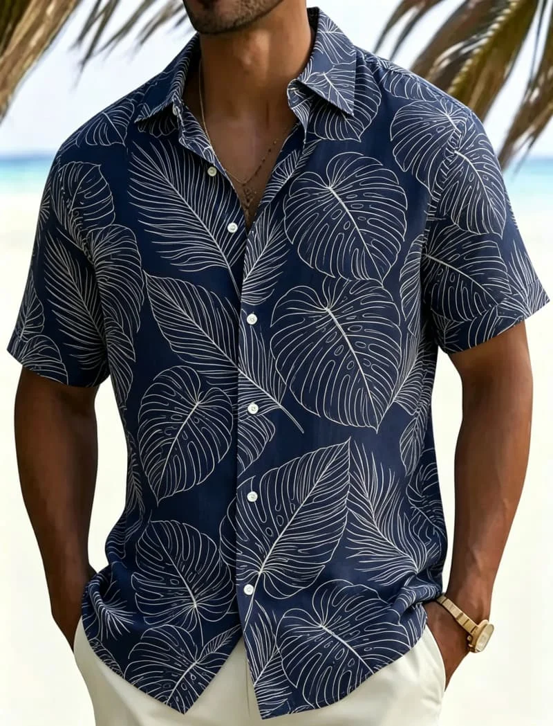 

Line Drawing Tropical Plant Printed Short Sleeved Shirt For men's Casual top, Suitable For Beach Strolls And Holiday Travel