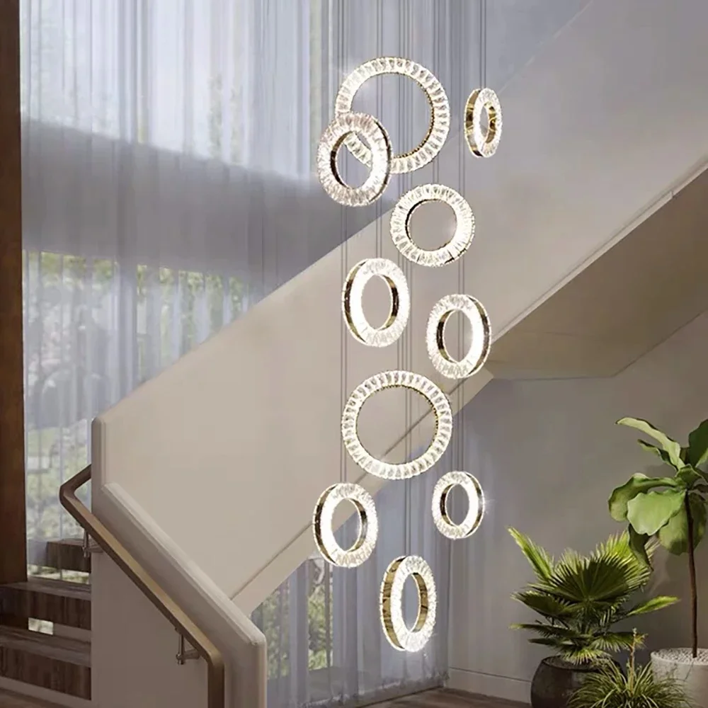 Luxury Gold Silver Led Chandelier Crystal Ceiling Lamp Staircase Home Decor Indoor Long Ring Dining Room Kitchen Light Fixture