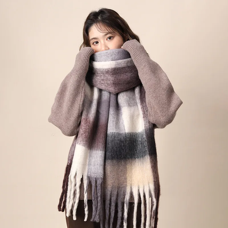 Mohair Plush Scarf for Women Winter Thick Warm Protective Neck Wear Versatile Korean Style Shawl Wrap