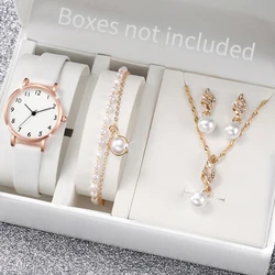 Fashion Arabic Dial Women's Watch Casual Leather Band Analog Quartz Watch Pearls Jewelry（Without Box）