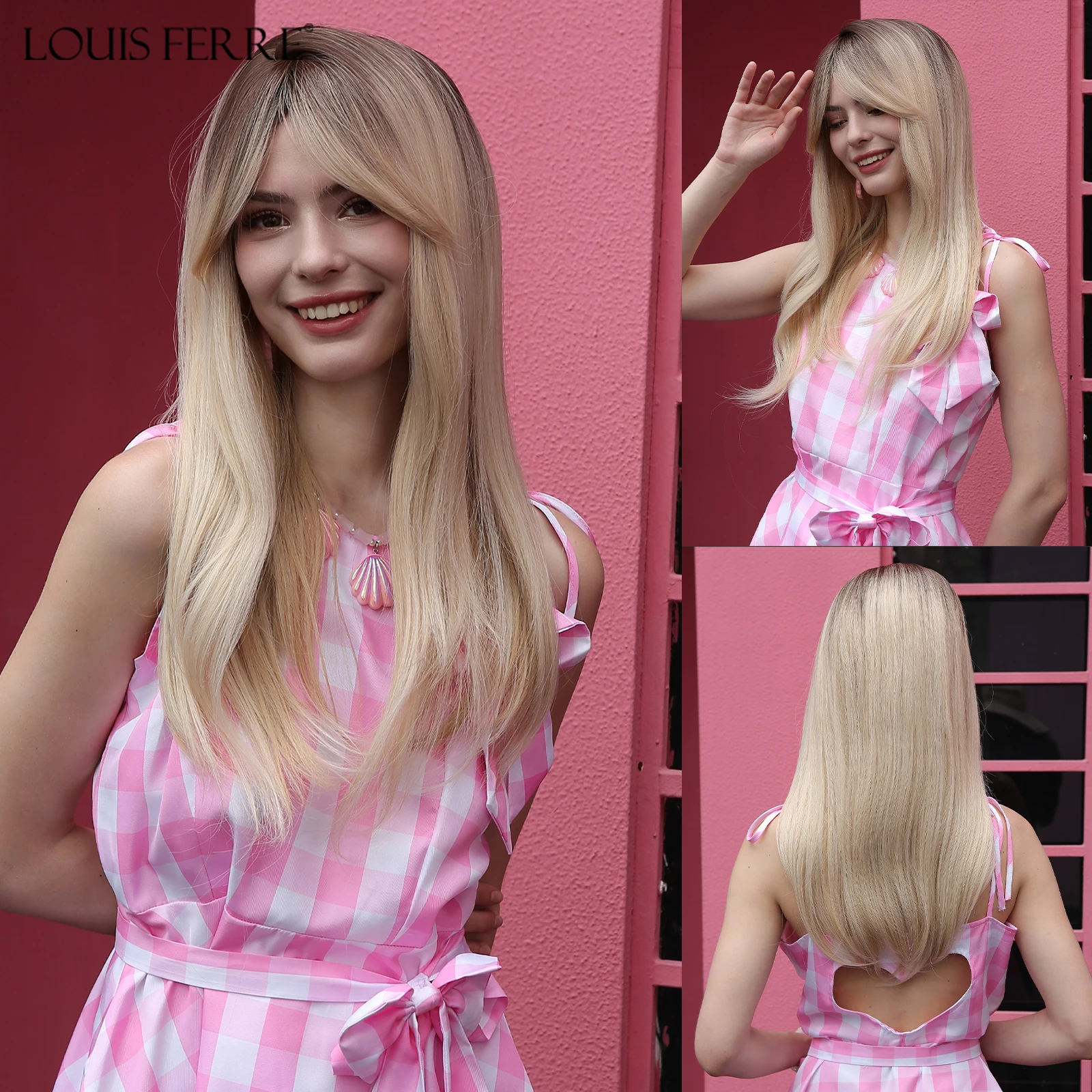 LOUIS FERRE Long Straight Synthetic Wigs for Women Blonde Ombre Natural Wigs With Bangs Cosplay Party Heat Resistant Fake Hair