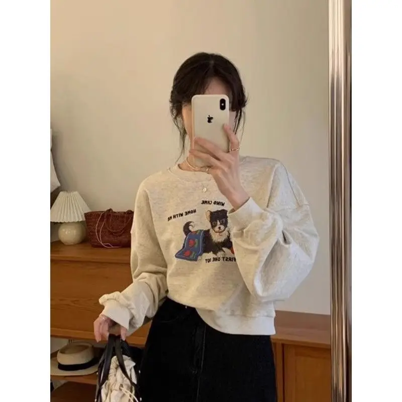 American retro gray puppy round neck sweatshirt for women autumn and winter plus velvet loose shoulder crop top women clothing